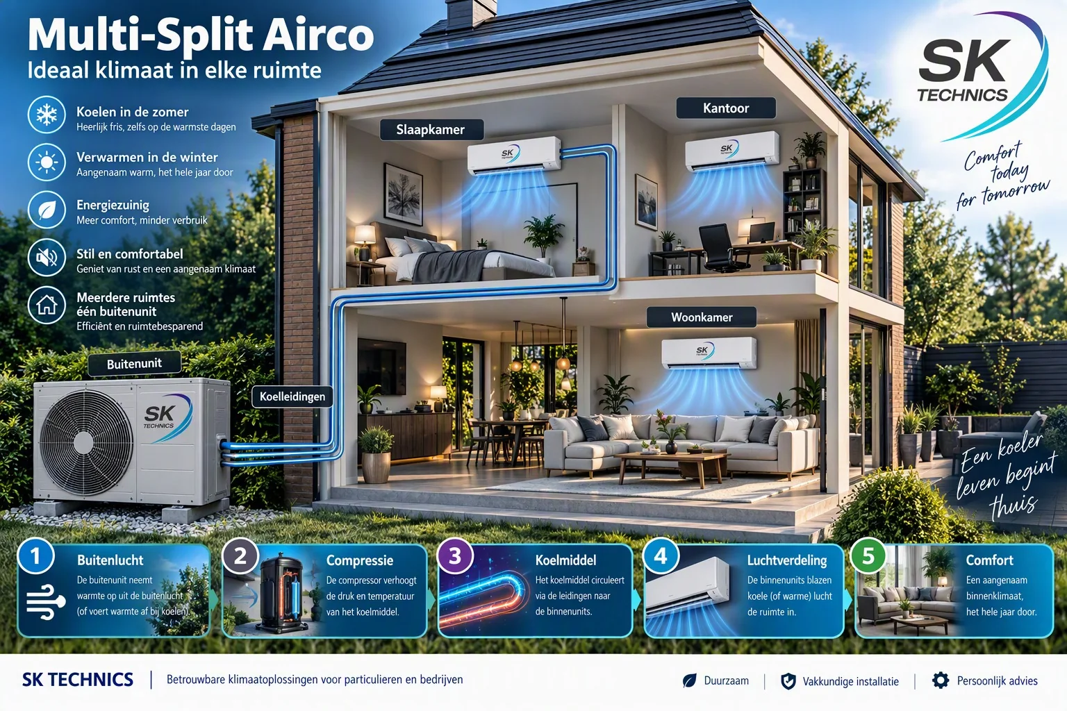 Airco installateur SK Technics: multi-split airco met buitenunit en binnenunits in slaapkamer, kantoor en woonkamer